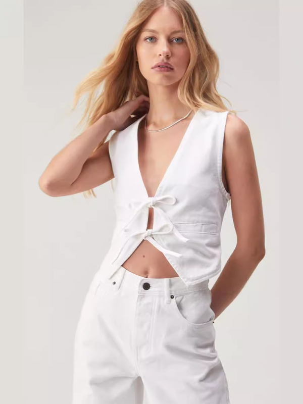 Denim Deep V Vest - White / S