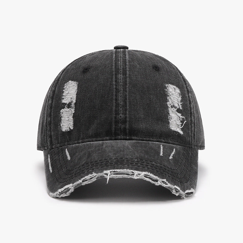 Distressed Adjustable Cotton Baseball Cap - Black / One Size