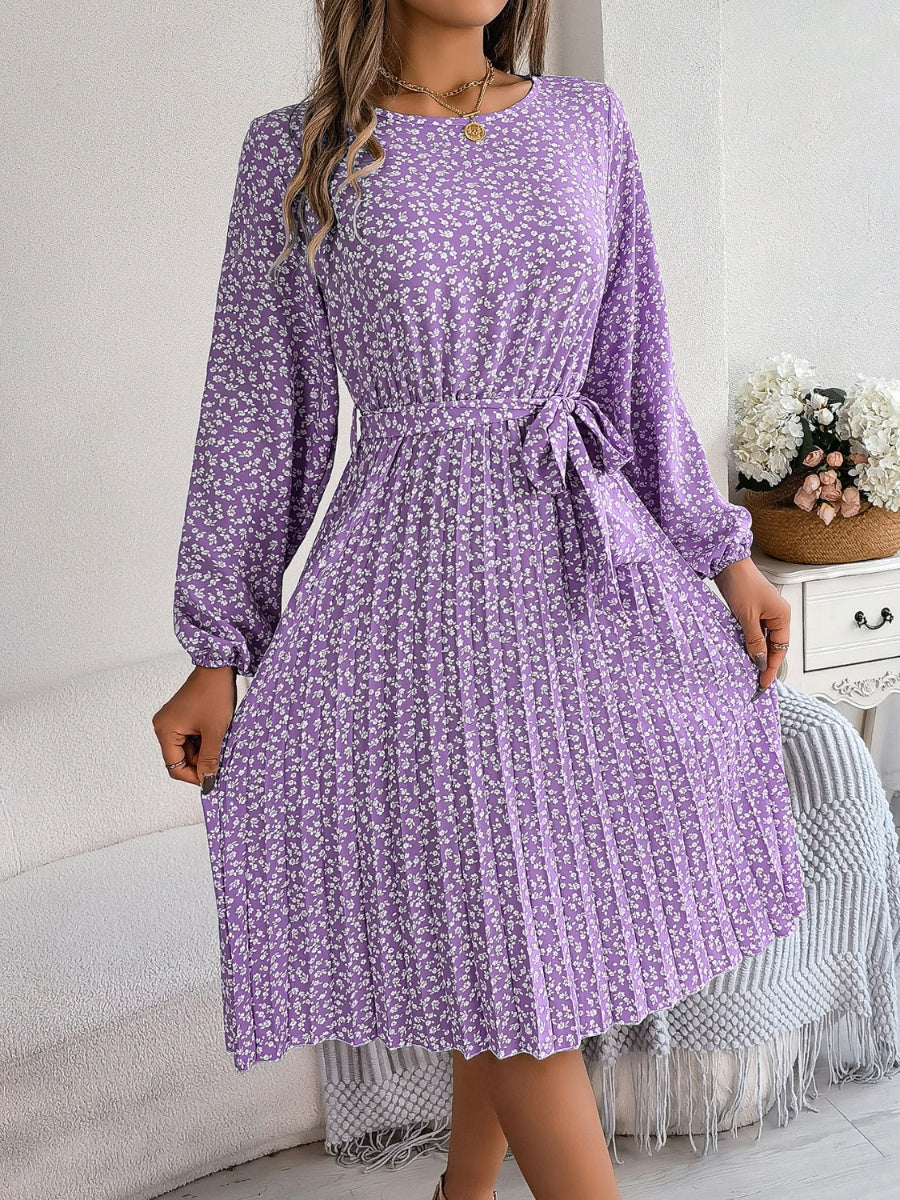 Ditsy Floral Tie Waist Pleated Dress - Lavender / S