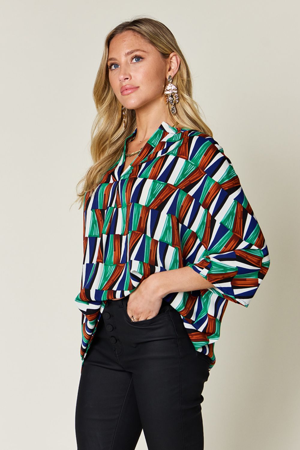 Double Take Full Size Geometric Notched Raglan Sleeve Blouse