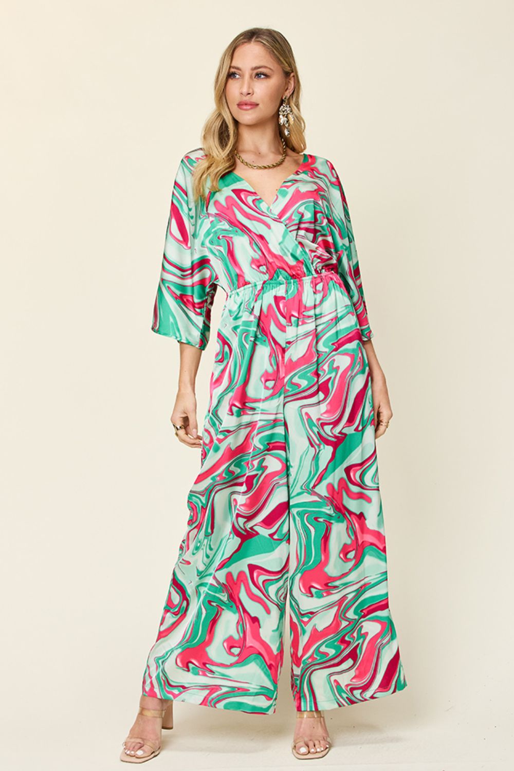 Double Take Full Size Half Sleeve Wide Leg Jumpsuit - Green