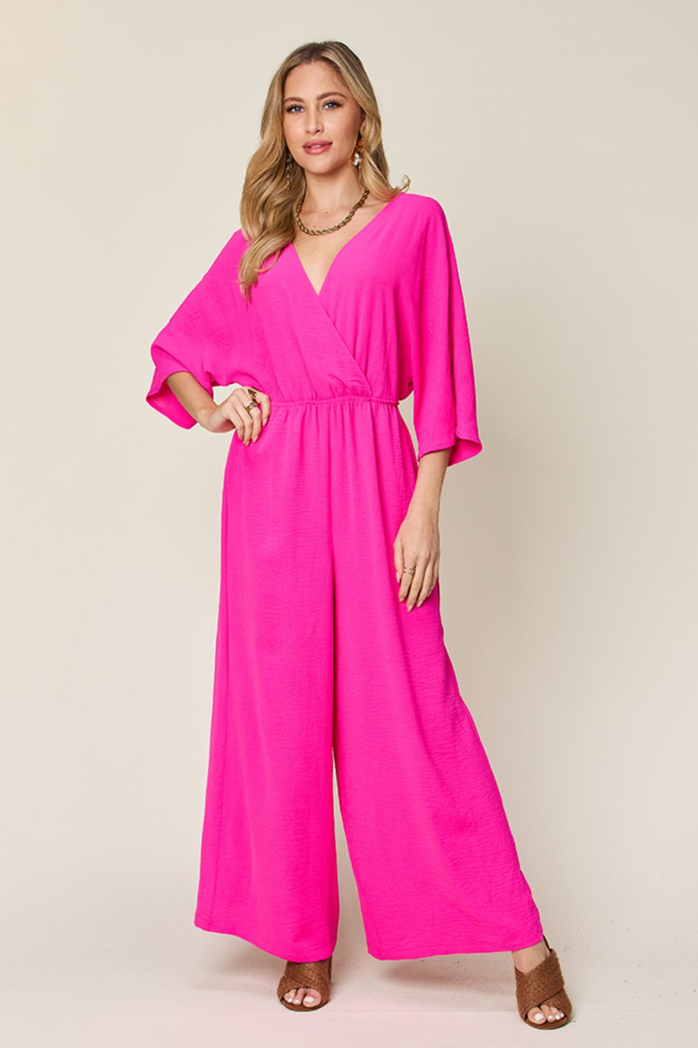 Double Take Full Size Half Sleeve Wide Leg Jumpsuit - Hot