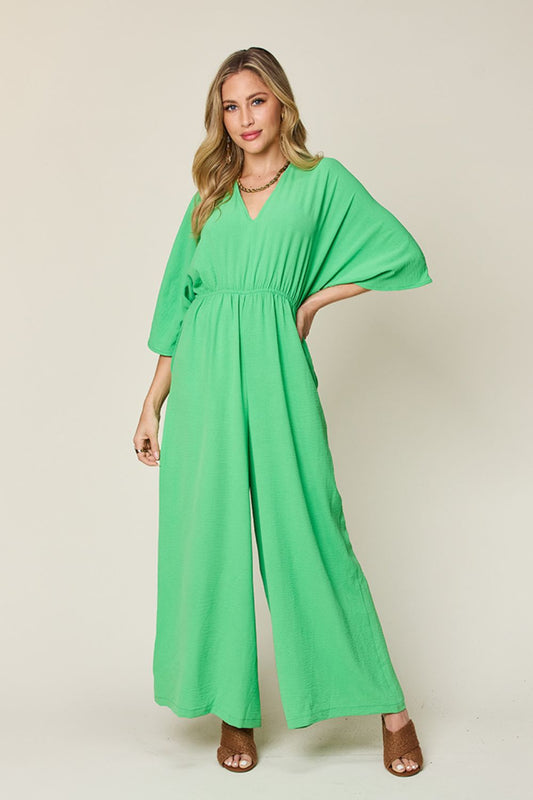 Double Take Full Size Half Sleeve Wide Leg Jumpsuit - Mid