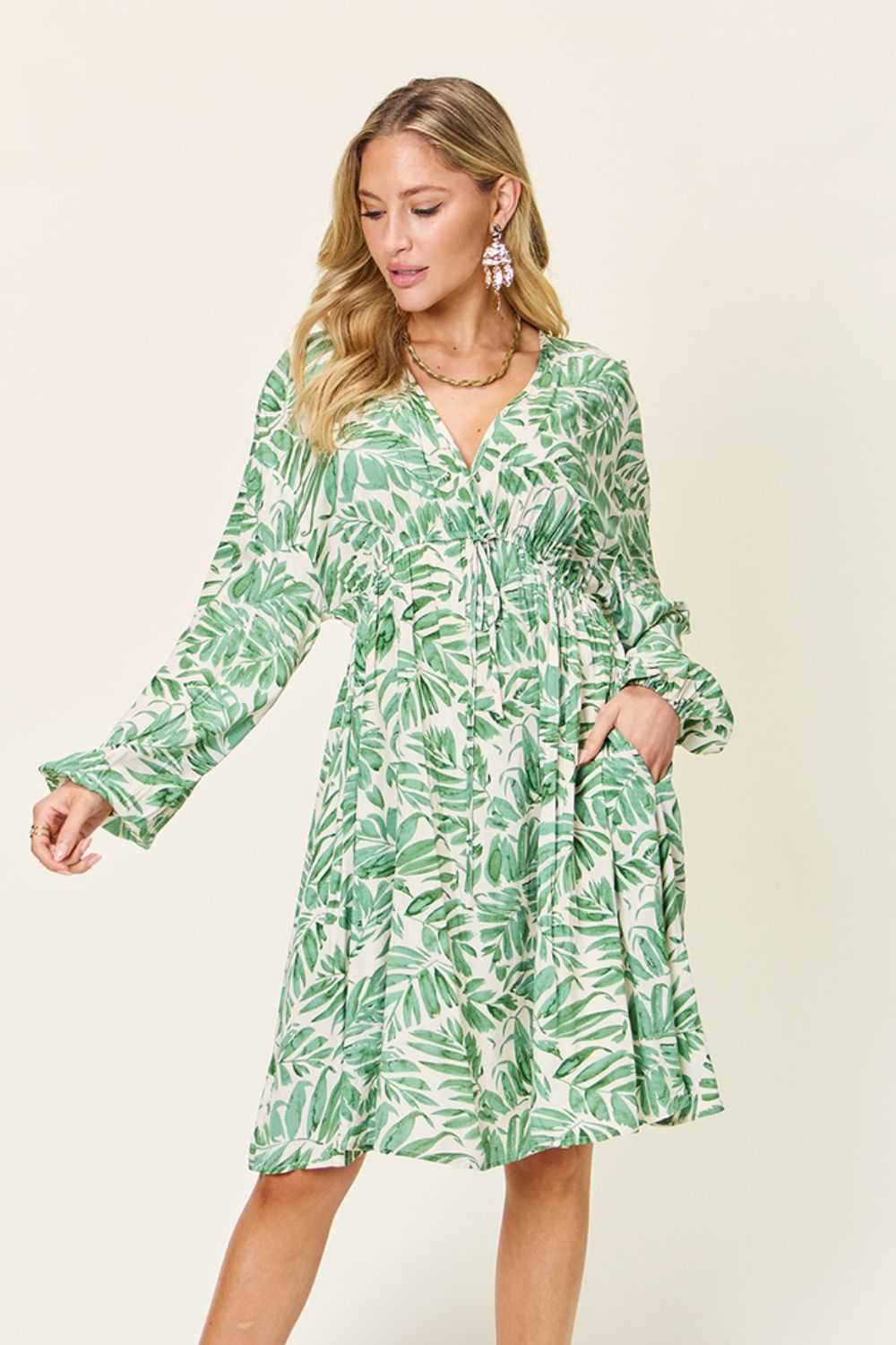 Double Take Full Size Printed Ruched Balloon Sleeve Dress