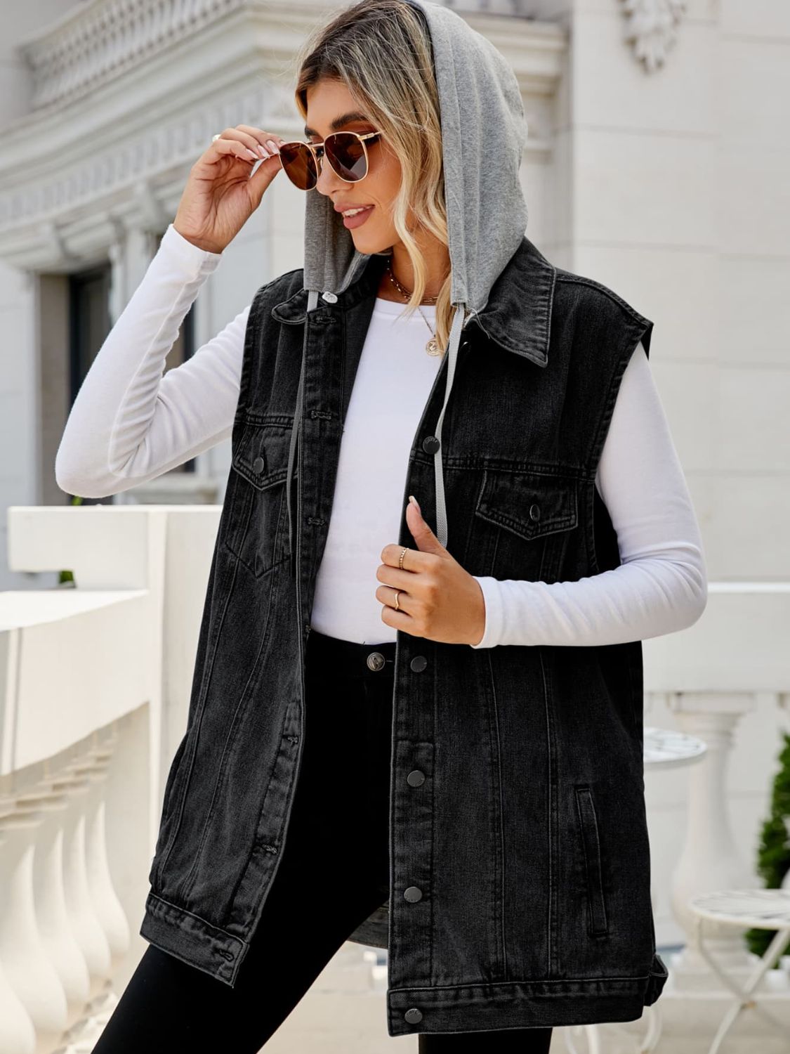 Drawstring Hooded Sleeveless Denim Top with Pockets Print on any thing USA/STOD clothes