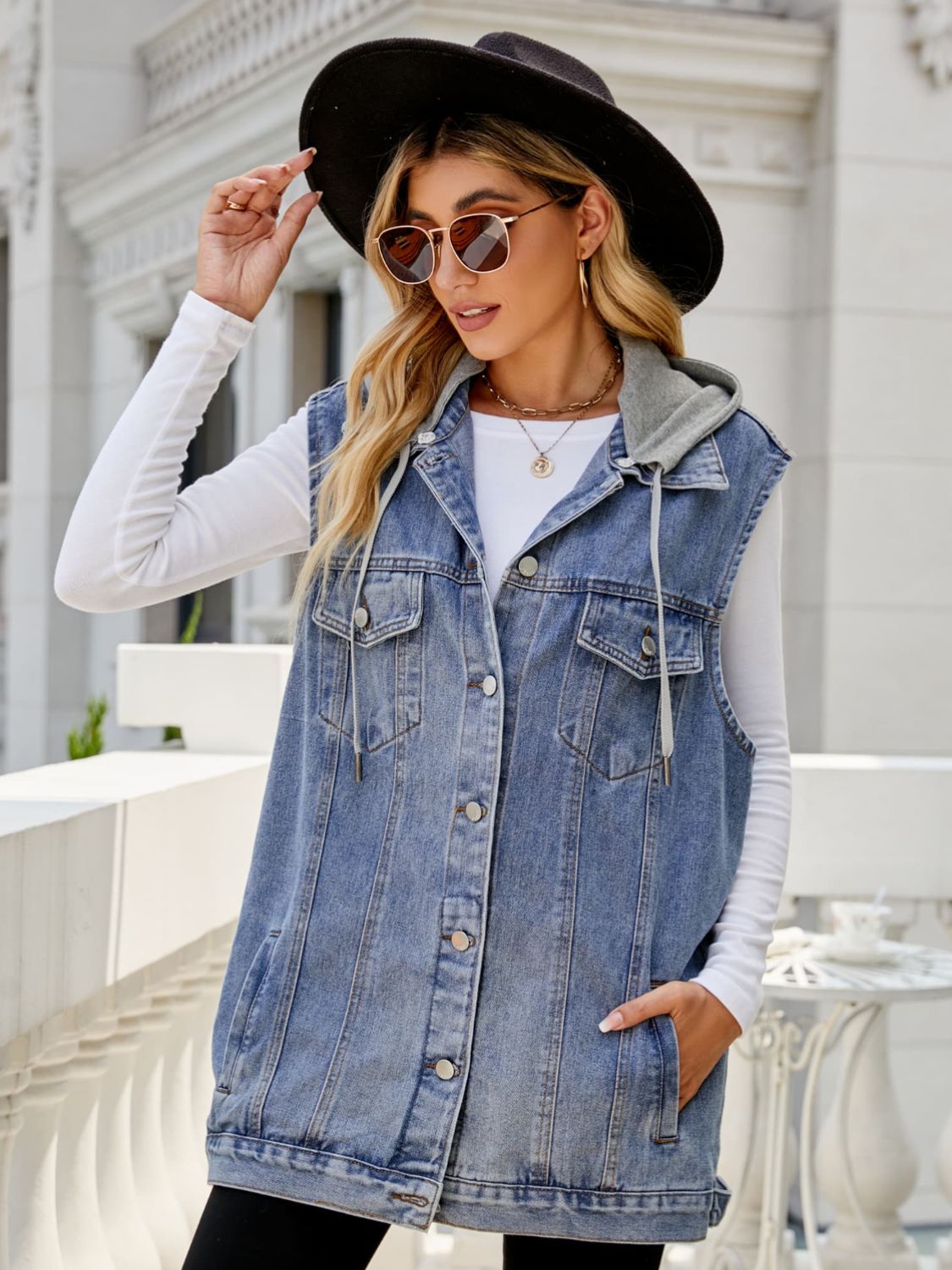 Drawstring Hooded Sleeveless Denim Top with Pockets Print on any thing USA/STOD clothes