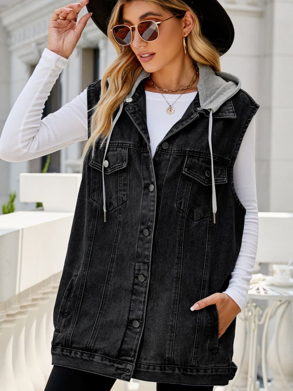 Drawstring Hooded Sleeveless Denim Top with Pockets Print on any thing USA/STOD clothes