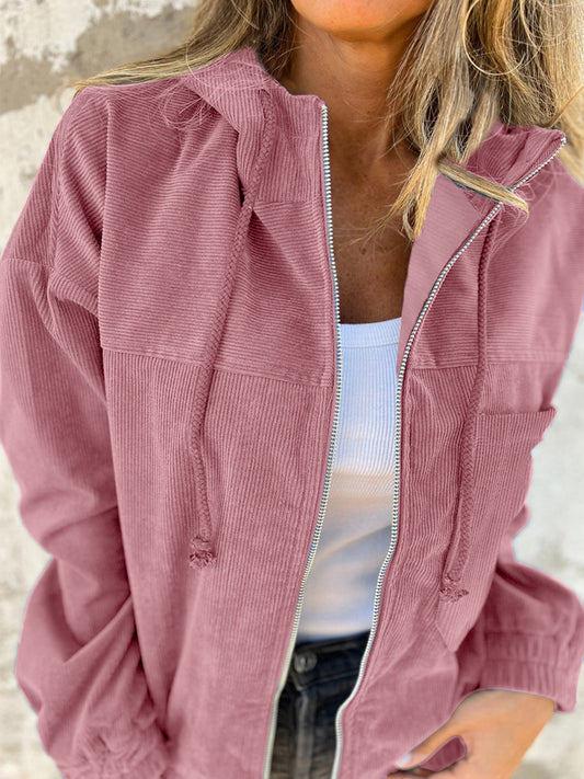 Drawstring Zip Up Long Sleeve Hooded Jacket - Dusty Pink / S