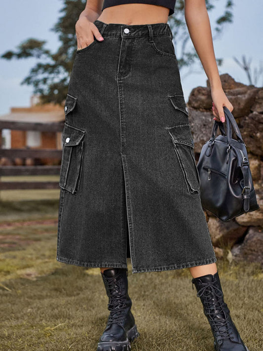 Elastic Waist Denim Style Cargo Casual Midi Skirt - Grey / S