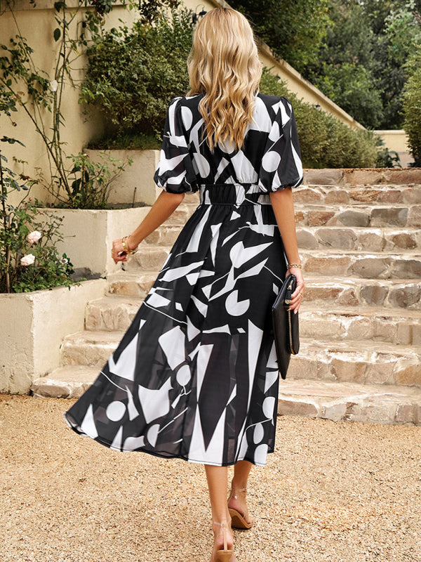 Elegant waist V-neck holiday print dress