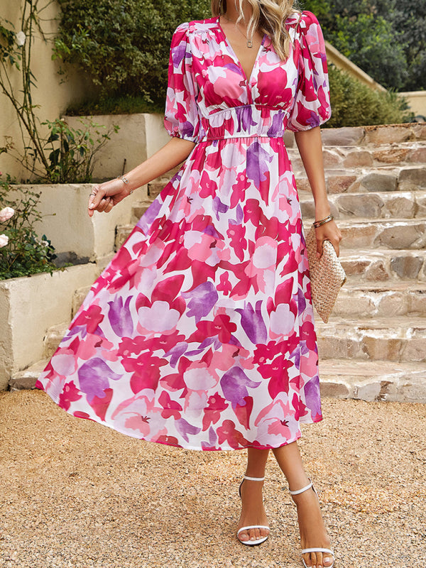 Elegant waist V-neck holiday print dress