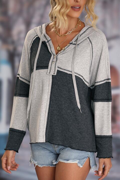 Exposed Seam Color Block Hoodie with Drawstring Print on any thing USA/STOD clothes