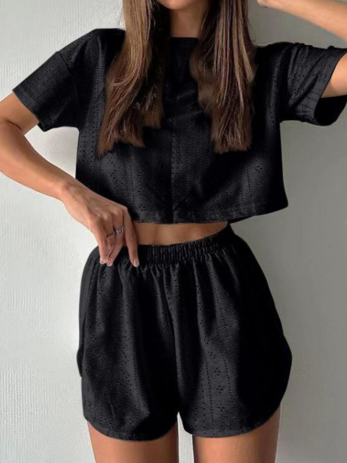 Eyelet Round Neck Top and Shorts Set - Black / S