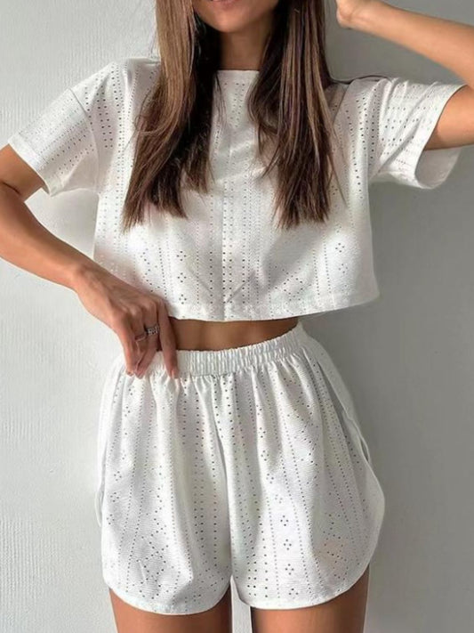 Eyelet Round Neck Top and Shorts Set - White / S