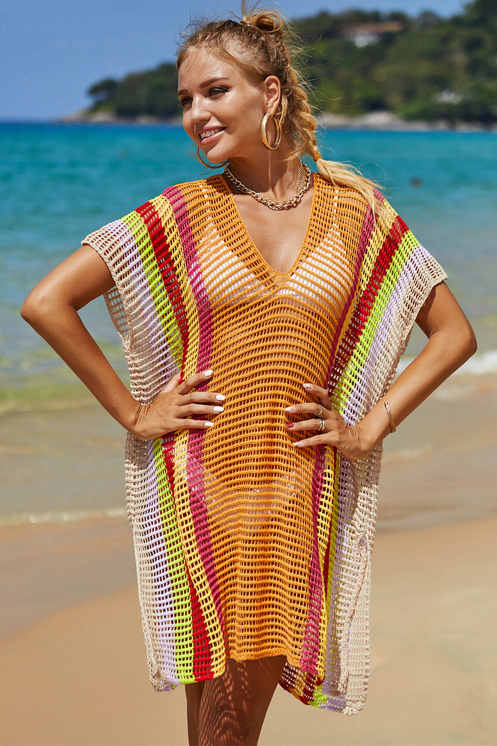 Openwork Striped Slit Knit Cover Up