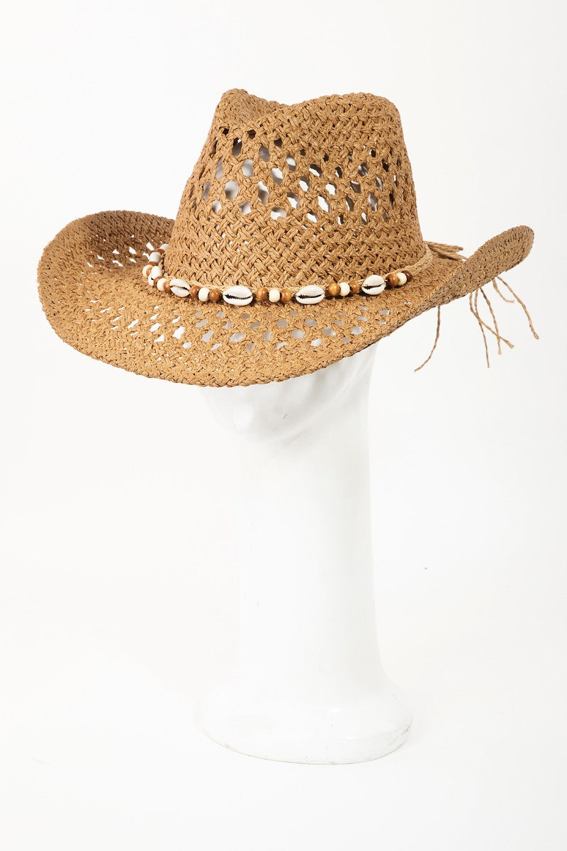 Fame Cowrie Shell Beaded String Straw Hat - TA / One Size