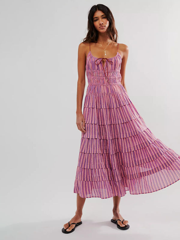 Fashionable casual strappy long dress - Rose / S