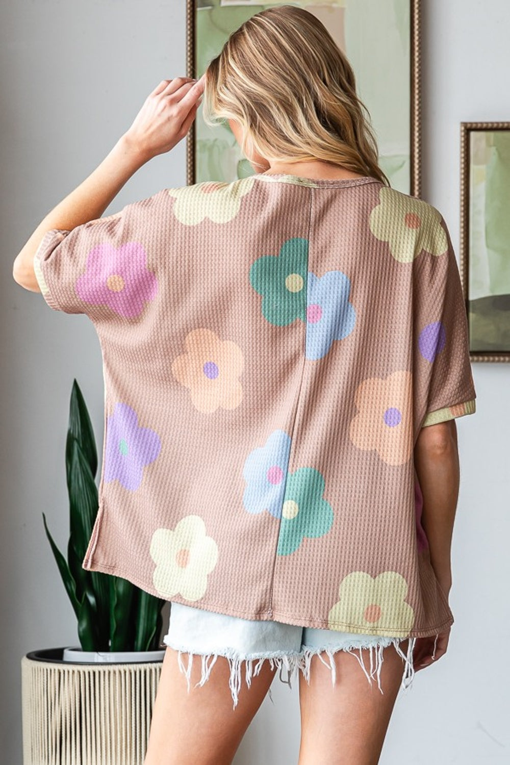 HOPELY Full Size Floral Round Neck Side Slit Waffle T-Shirt