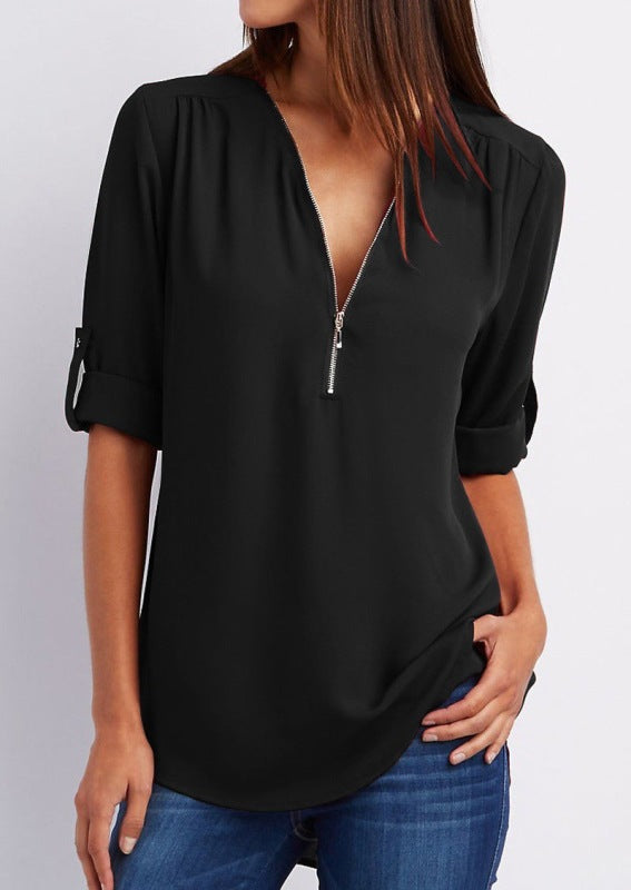 V-neck zipper large size long-sleeved pull-sleeve loose commuter chiffon shirt