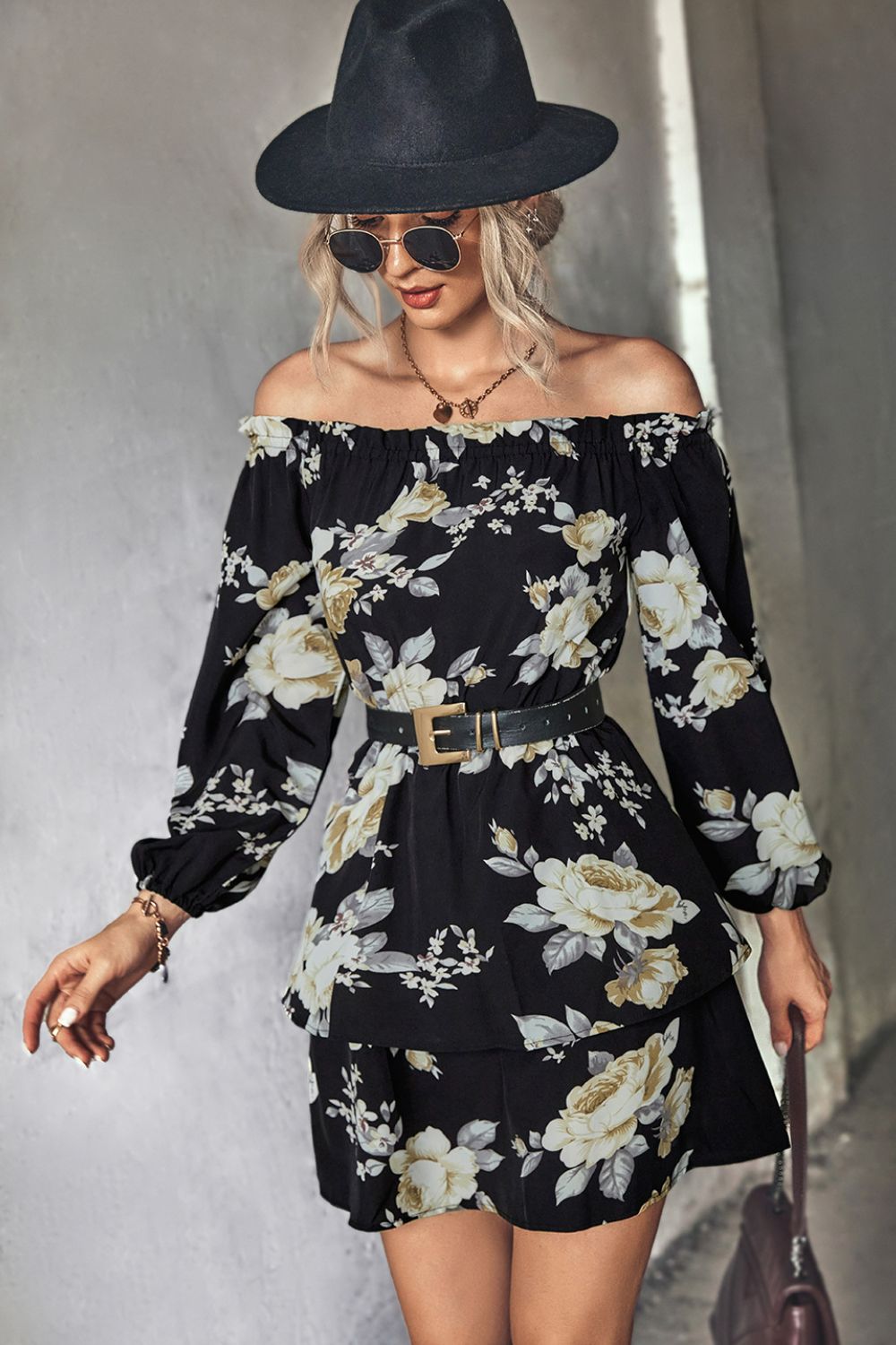 Floral Off-Shoulder Layered Mini Dress Print on any thing USA/STOD clothes