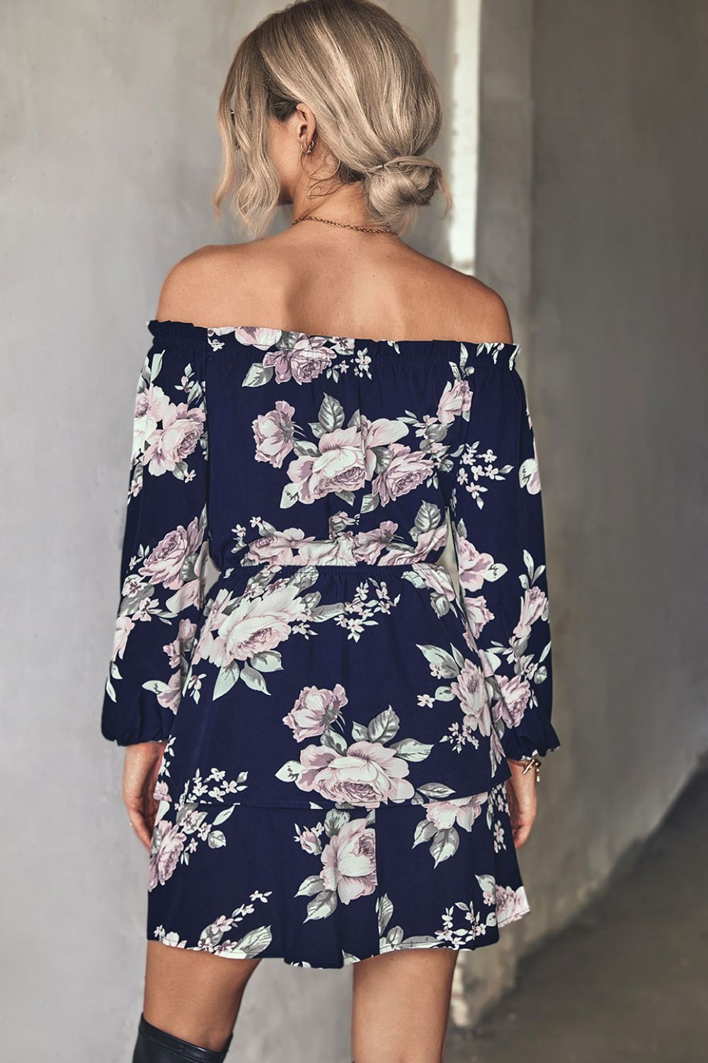 Floral Off-Shoulder Layered Mini Dress Print on any thing USA/STOD clothes