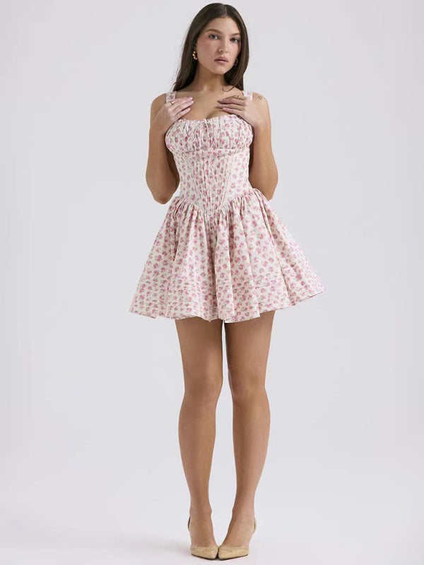 Floral print suspender waist dress