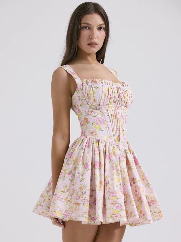 Floral print suspender waist dress