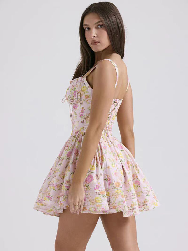 Floral print suspender waist dress