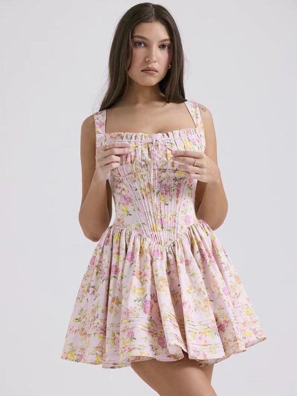 Floral print suspender waist dress - Pattern1 / S