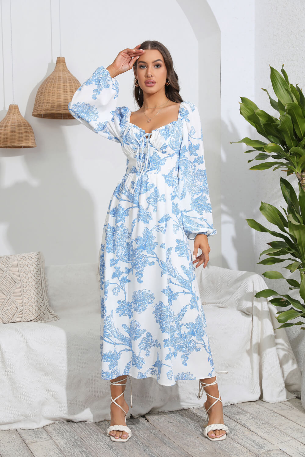 Floral Tie Front Sweetheart Neck Midi Dress Print on any thing USA/STOD clothes