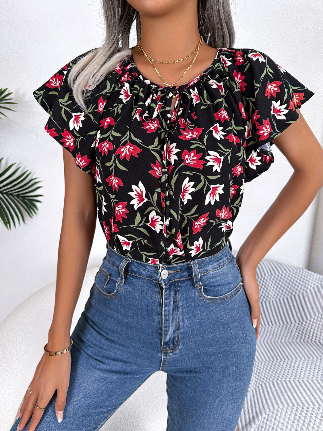 Floral Tie Neck Flutter Sleeve Blouse - Black / S