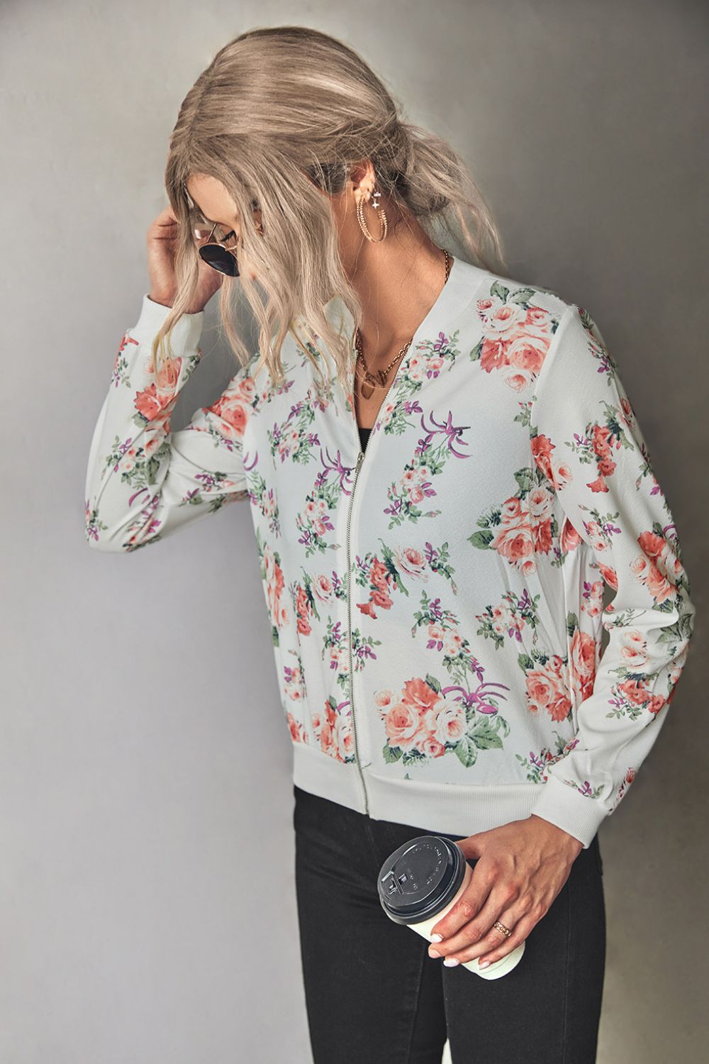 Floral Zip Up Ribbed Trim Bomber Jacket Print on any thing USA/STOD clothes