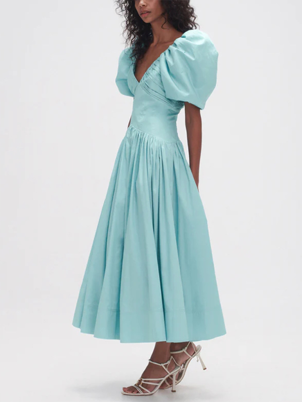 French elegant style V-neck puff sleeve long dress