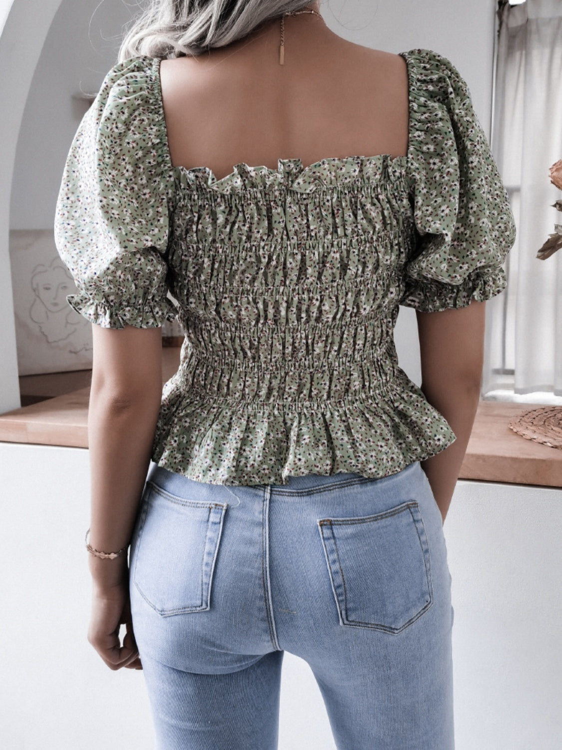 Frill Smocked Square Neck Short Sleeve Blouse