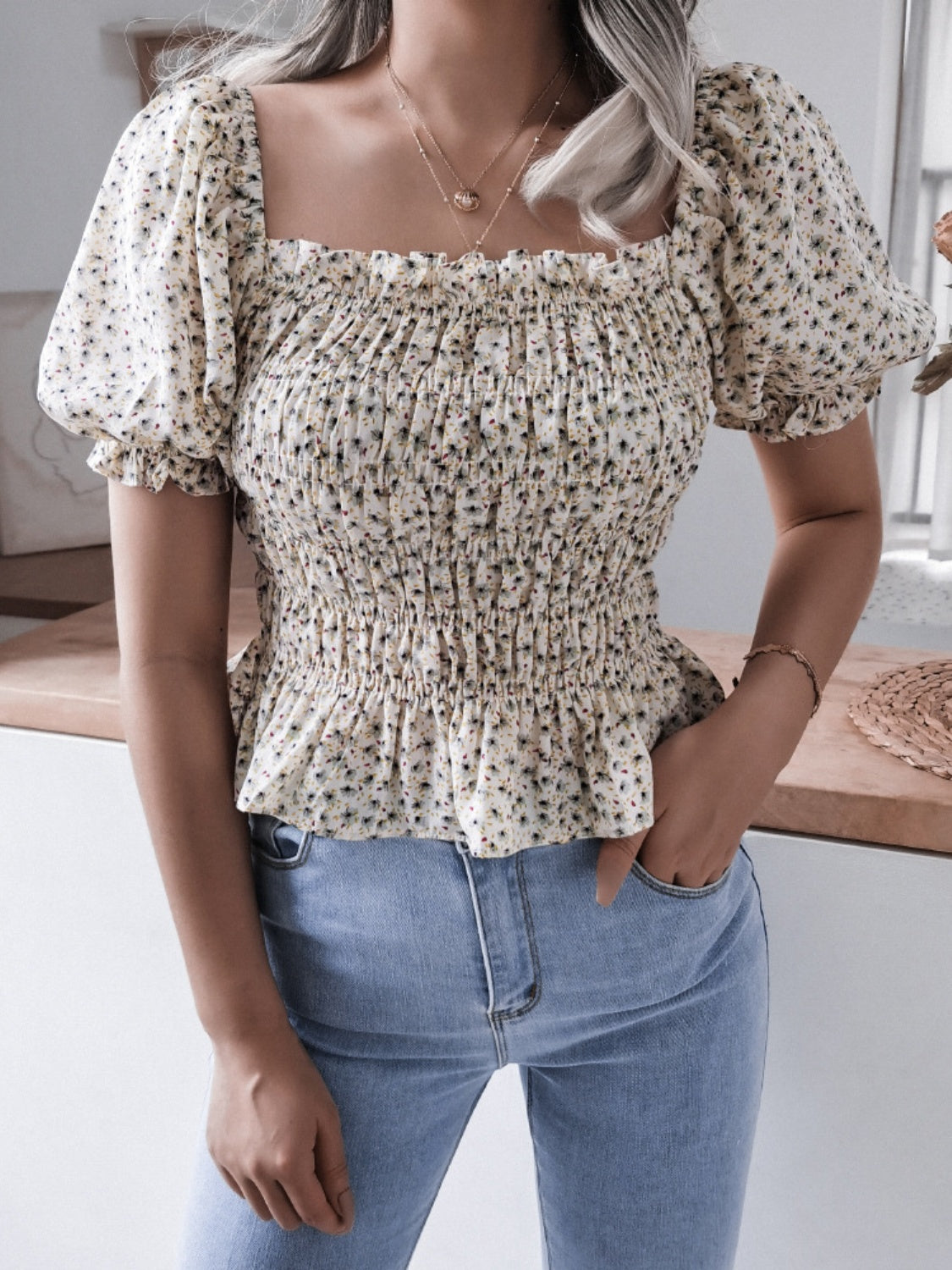 Frill Smocked Square Neck Short Sleeve Blouse - White / S