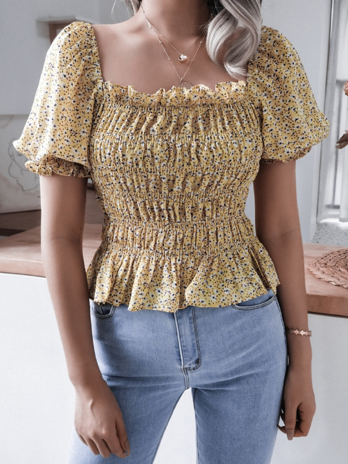 Frill Smocked Square Neck Short Sleeve Blouse - Yellow