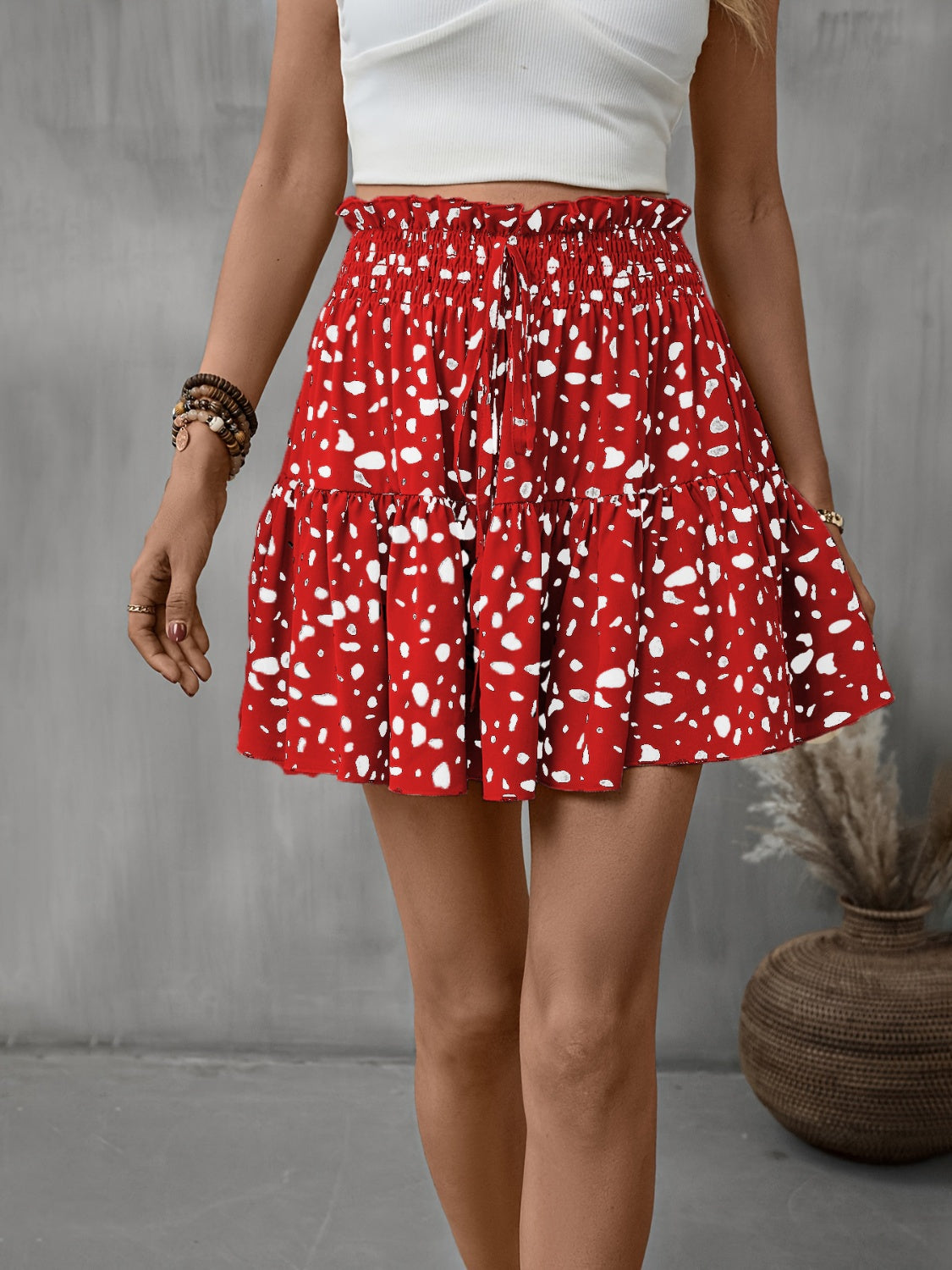 Frill Tied Printed Mini Skirt - Deep Red / S