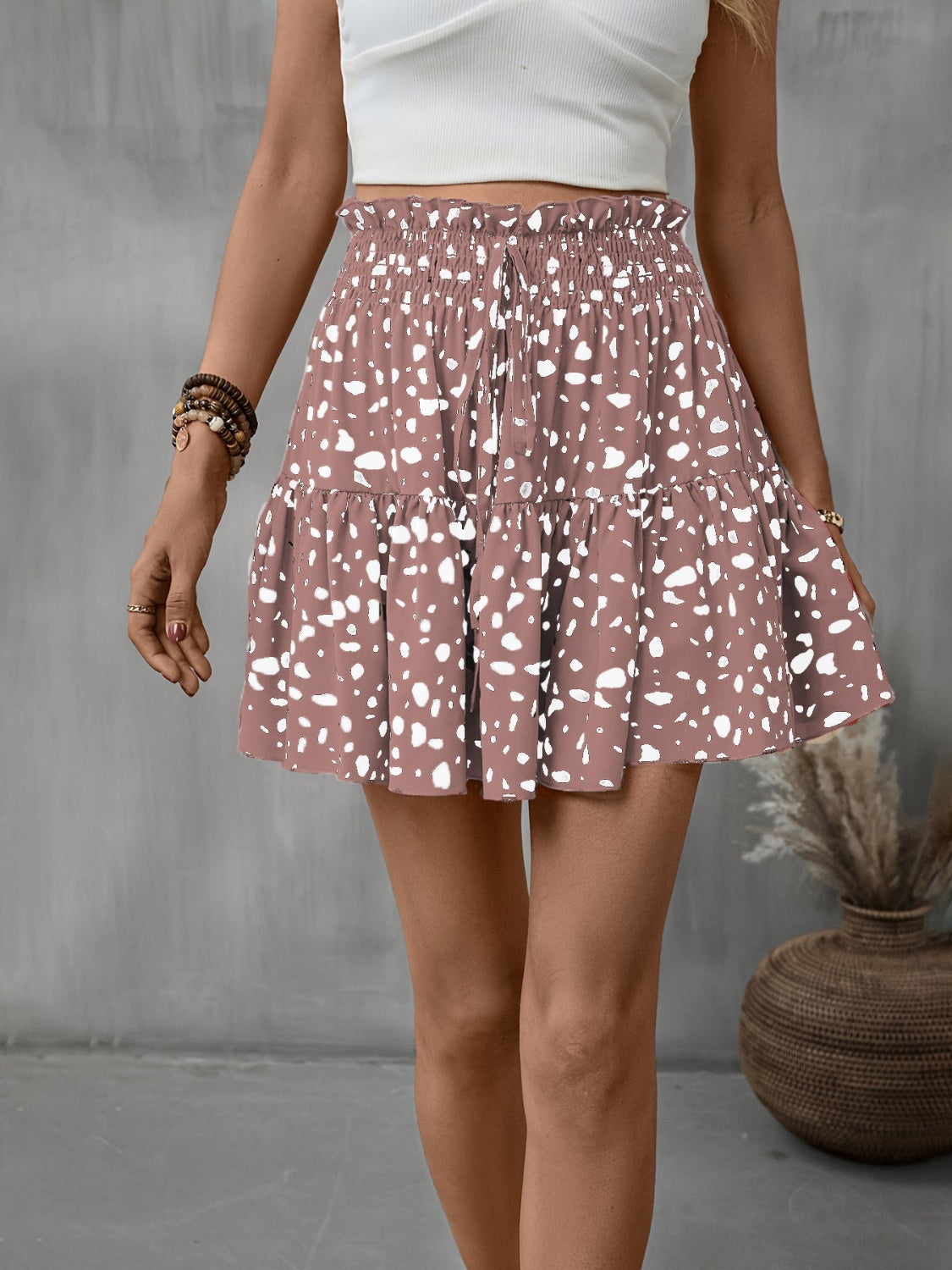 Frill Tied Printed Mini Skirt - Dusty Pink / S