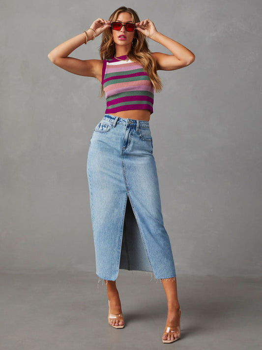 Front slit high waist a line mid length denim skirt - Clear