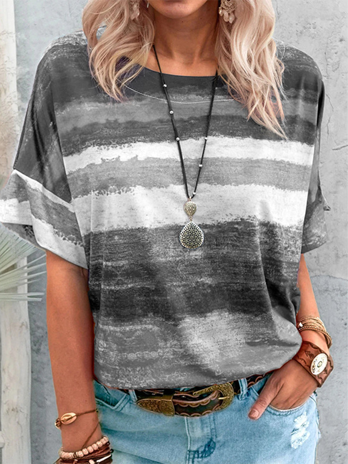 Full Size Color Block Round Neck Half Sleeve T-Shirt - Dark