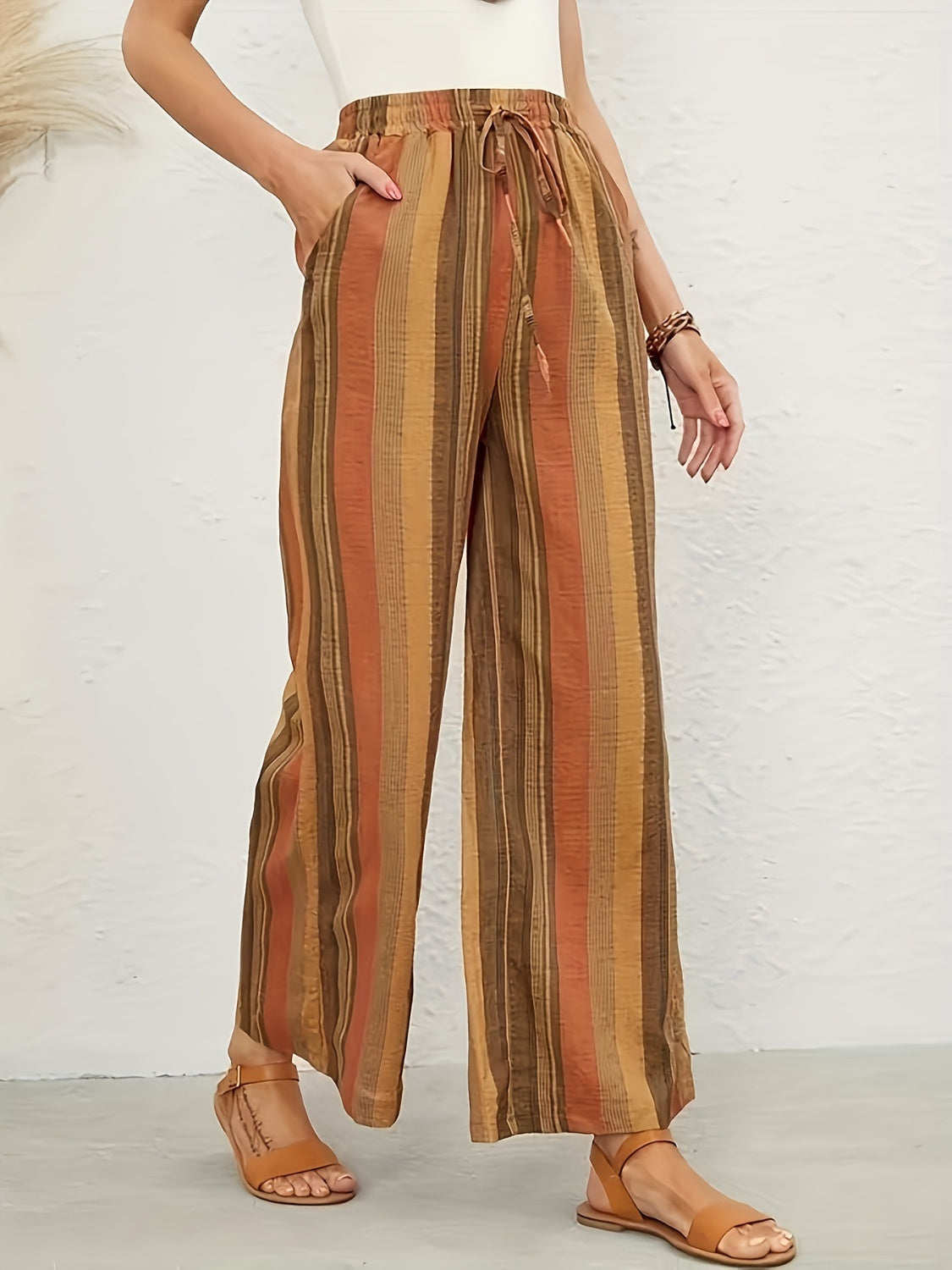 Full Size Drawstring Striped Wide Leg Pants - Mustard / S