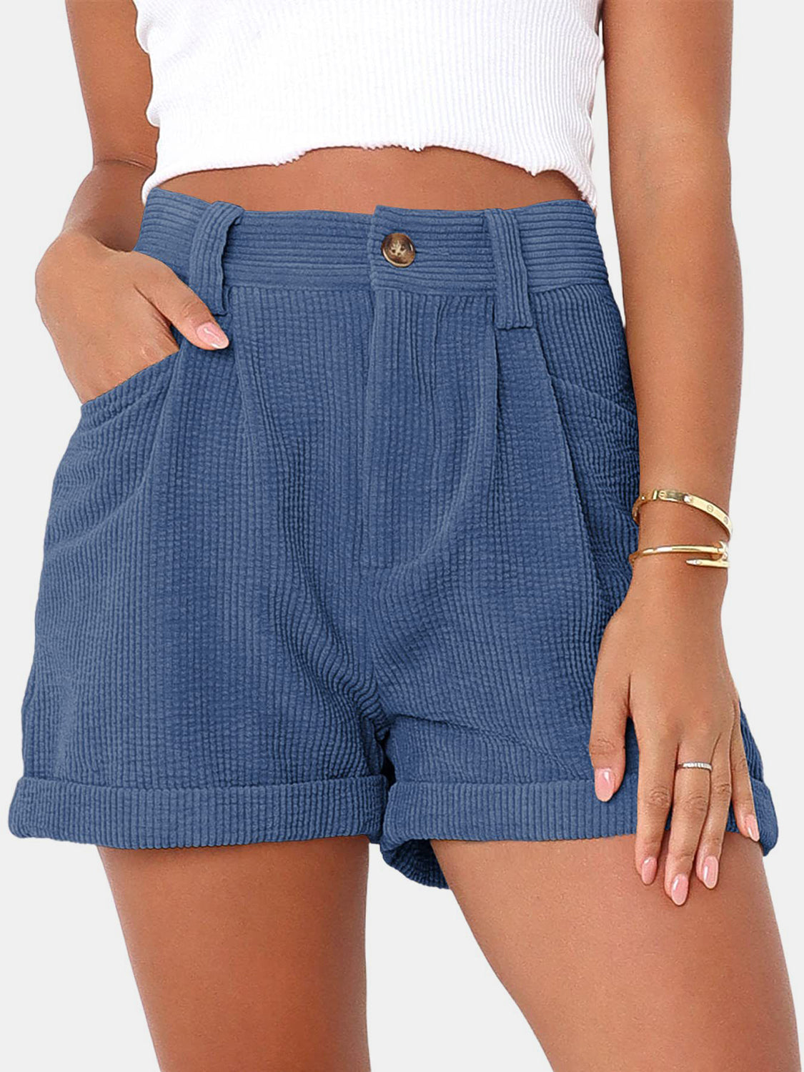 Full Size High Waist Shorts with Pockets - Dusty Blue / S