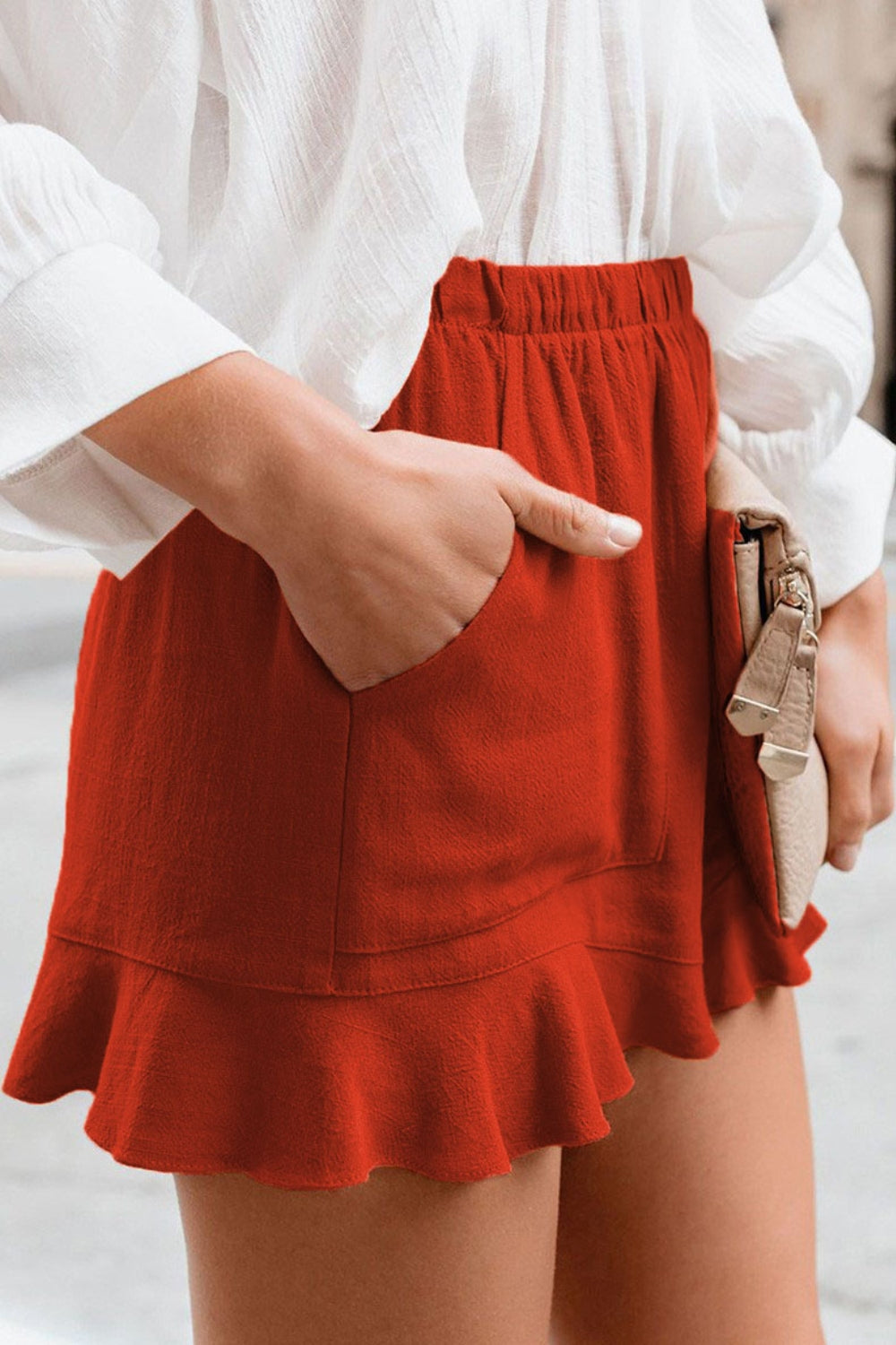 Full Size Ruffled Elastic Waist Shorts - Red / S