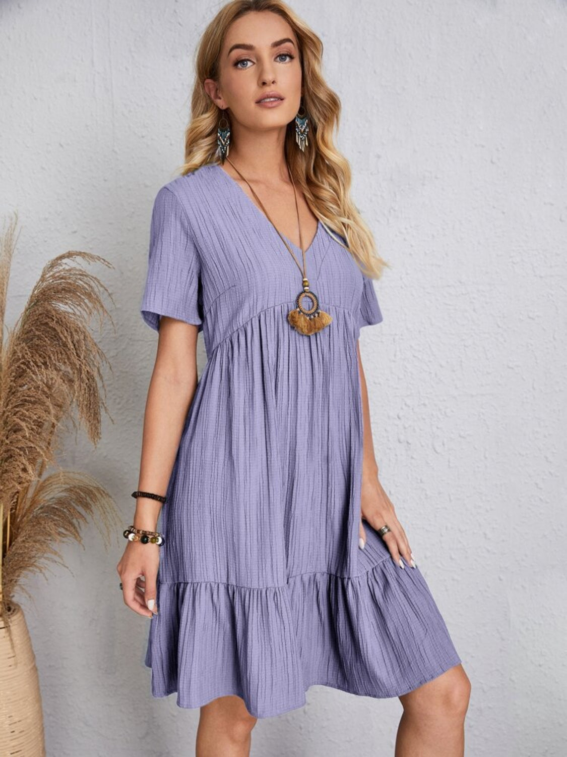 Full Size V-Neck Short Sleeve Dress - Lavender / S