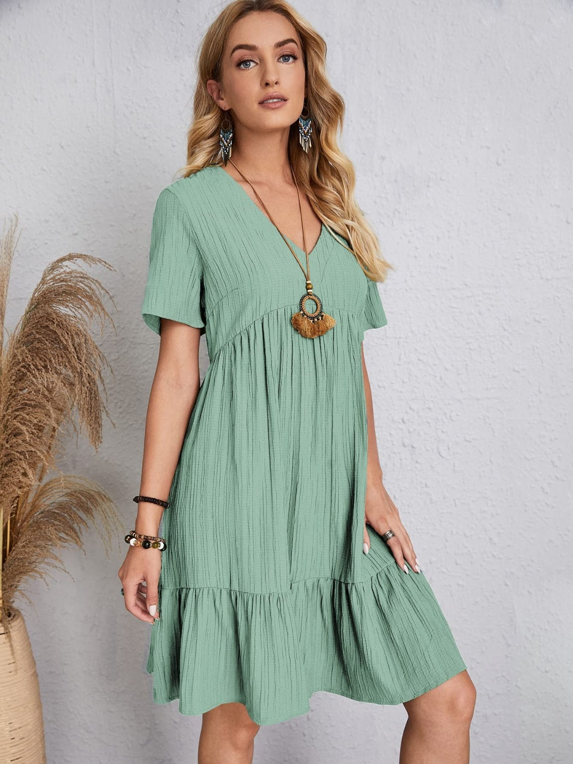 Full Size V-Neck Short Sleeve Dress - Light Green / S