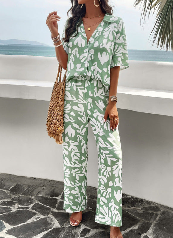 Elegant printed short-sleeved trousers two-piece set