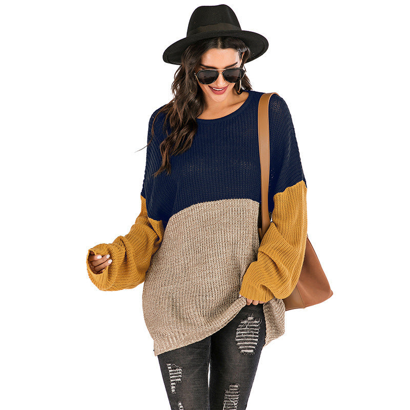 महिलाओं के लिए कंट्रास्ट रंग का ढीला लंबी बांह का बुना हुआ मध्य लंबाई का स्वेटर
