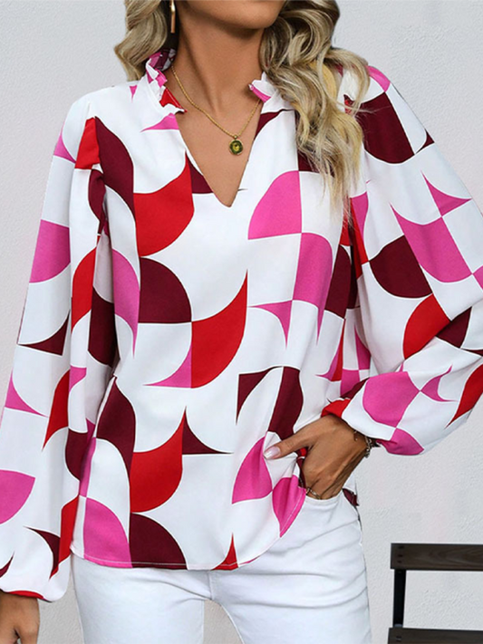 Geometric Print Long Sleeve Shirt - Wine Red / S