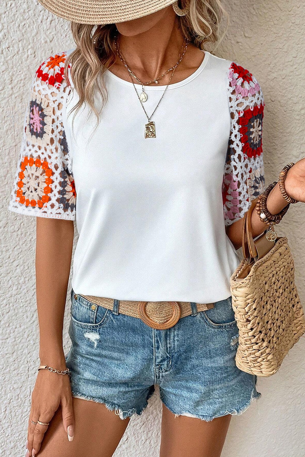 Geometric Round Neck Short Sleeve Blouse - White / S