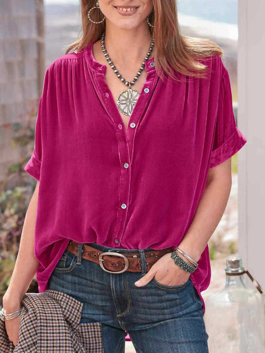 Gold velvet solid color short-sleeved round neck shirt